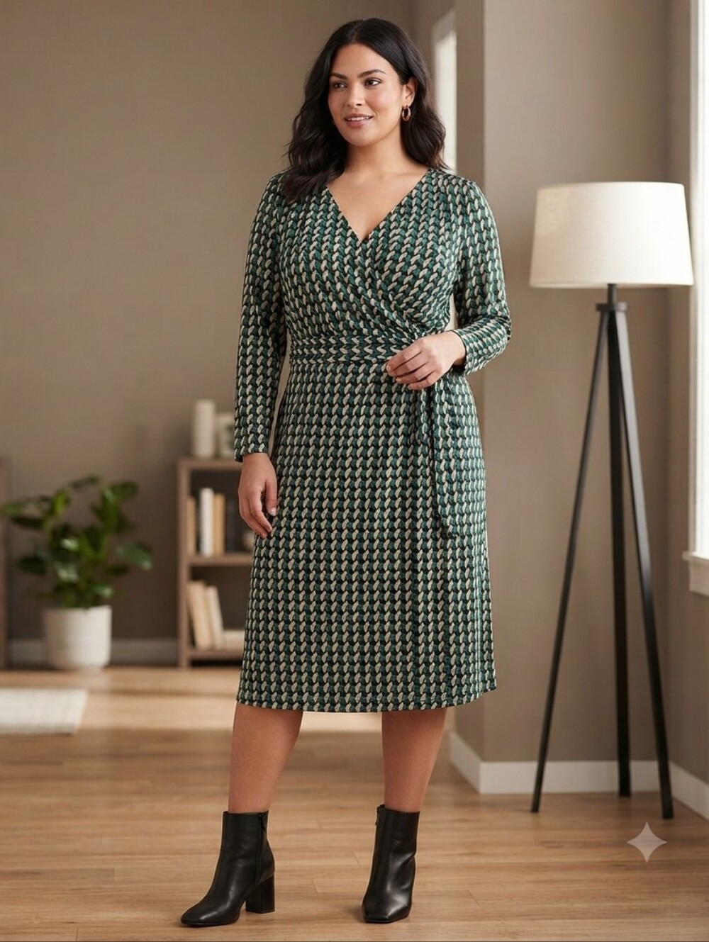 Igigi 26/28 Green and Cream Geometric 3/4 Sleeve Dress
